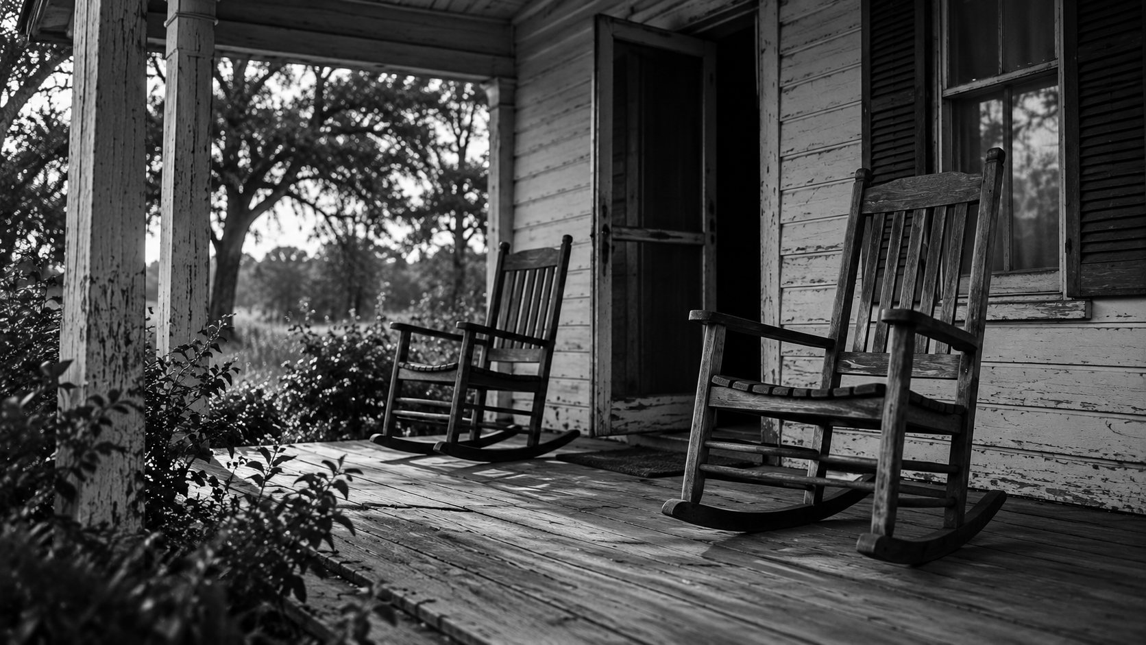 The empty porch of a weathered Southern house, two rocking chairs facing out, late afternoon